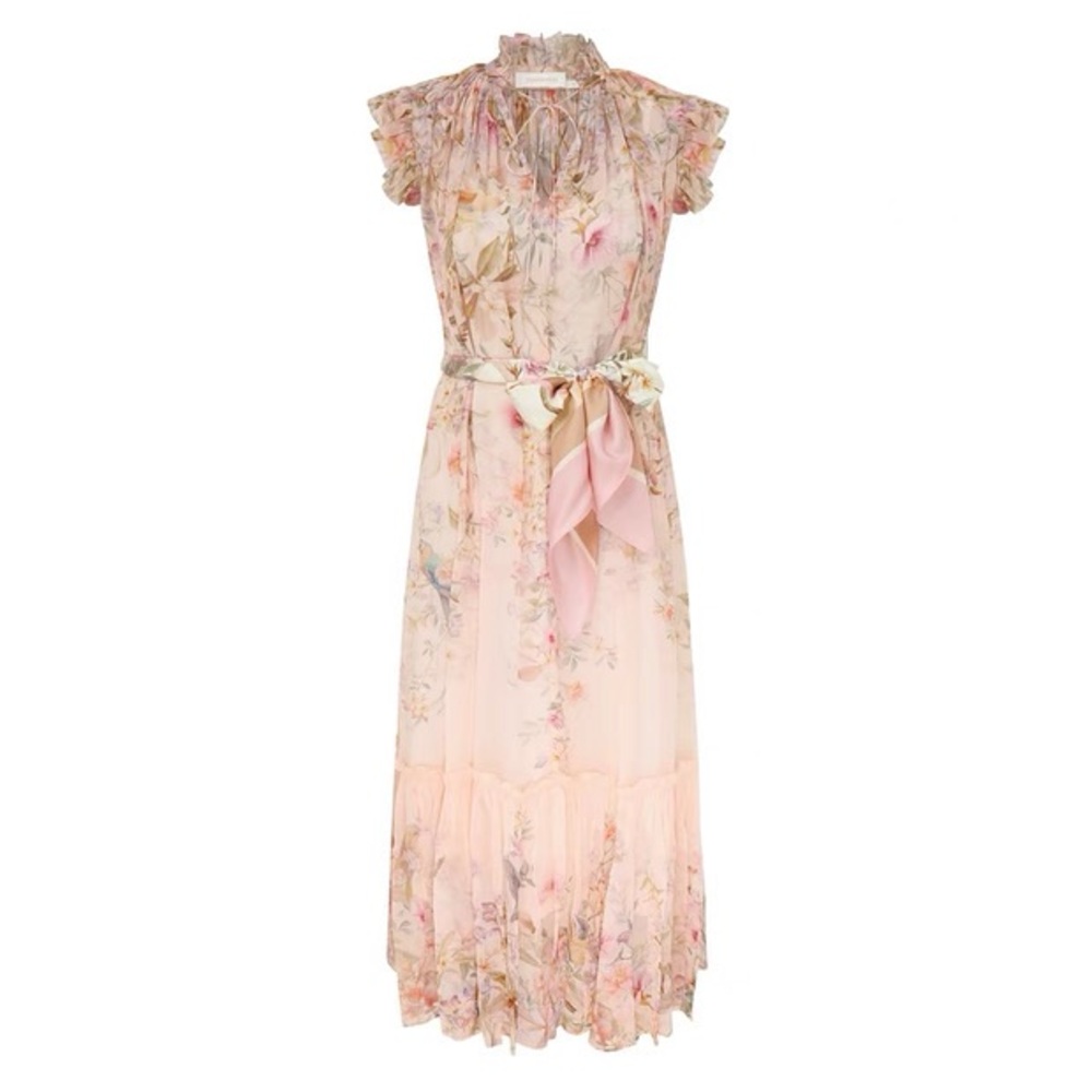 Designer-Style Floral Pink Ruffled Midi Dress